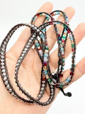 Spunky Soul Wrap Necklace Multicolor Crystal Beaded Leather Cord